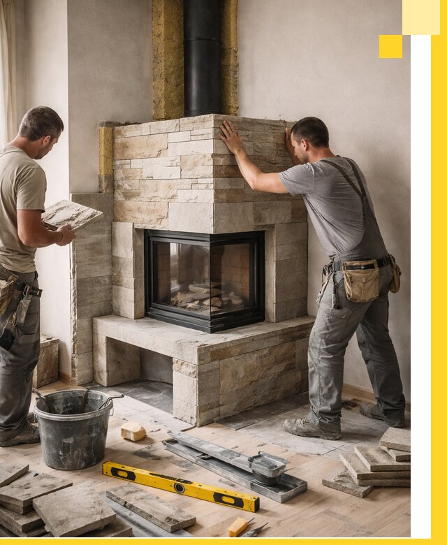 Угловые камины под ключ проект, монтаж и отделка в Вязниках